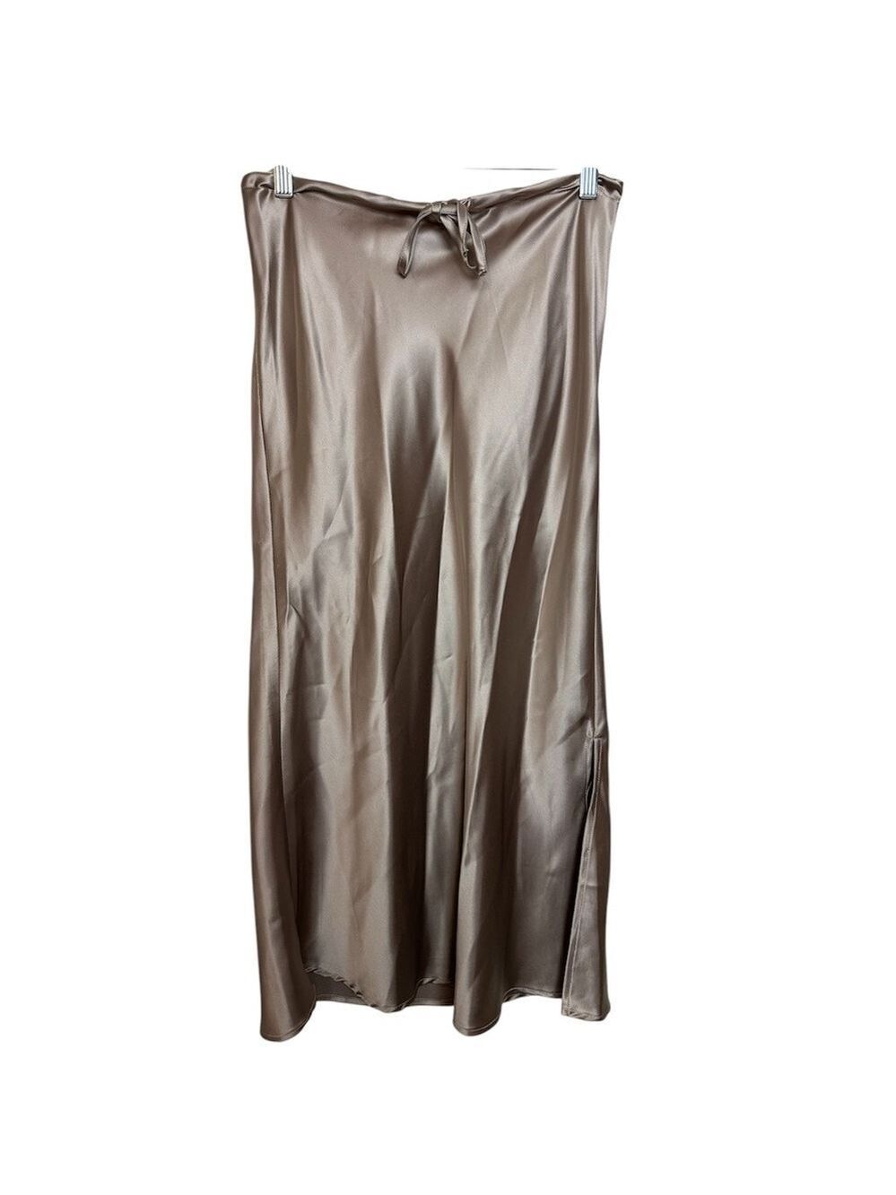 Dress Forum Taupe Satin Slip Midi Skirt with Slit and Drawstring Waist